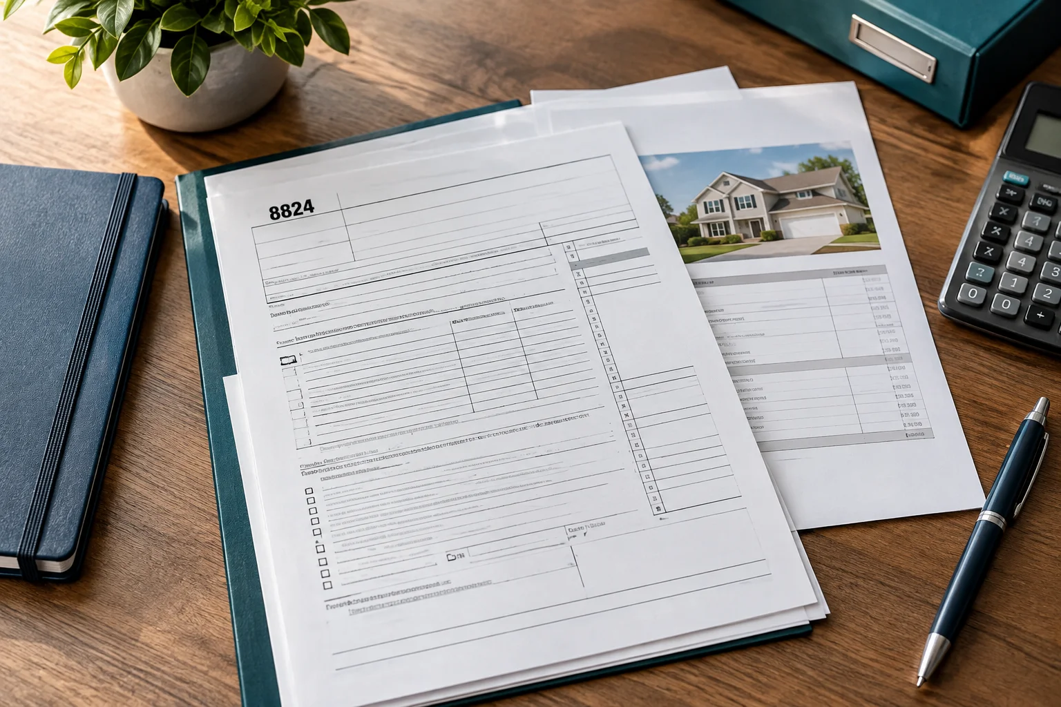 Close-up of 1031 exchange bookkeeping documents including Form 8824 and a closing statement on a desk