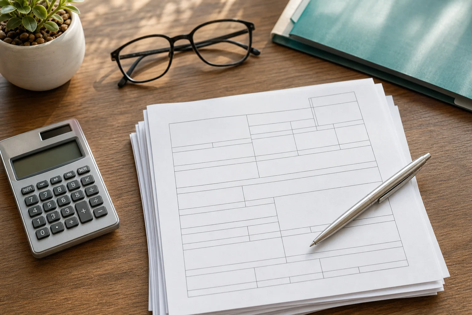Tax forms and calculator used to prepare 1099 for property management filings
