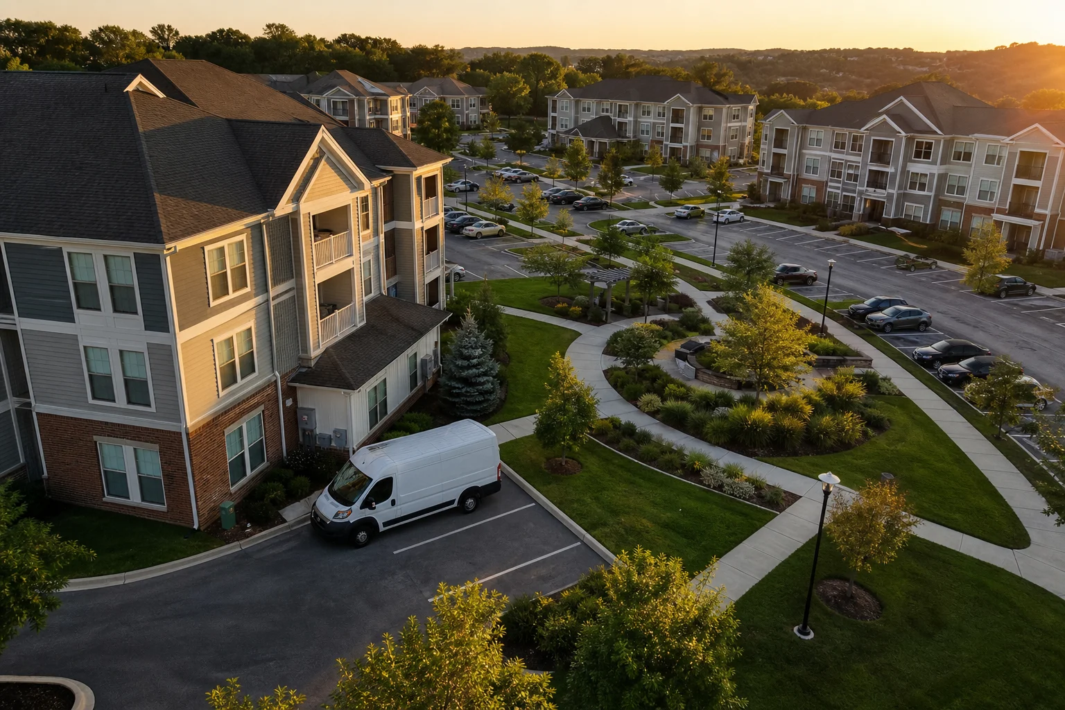 Aerial view of a rental property community where property managers track vendor and owner payments for 1099 filings