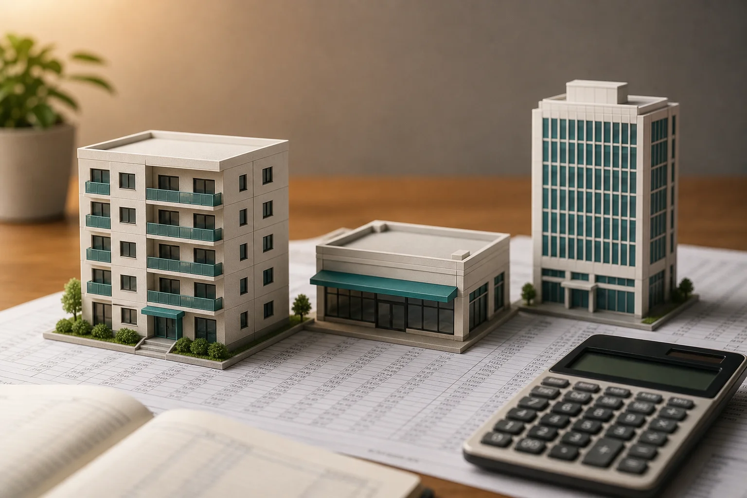 Three small architectural models, a residential apartment block, a retail storefront and an office tower, arranged on top of a printed financial spreadsheet to represent mixed-use property accounting