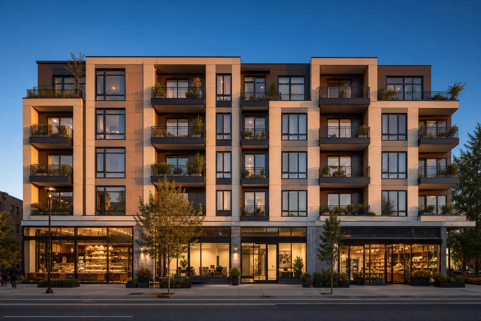 Modern five-story mixed-use building exterior at golden hour with retail storefronts on the ground floor and residential apartments above, urban street scene with no people in focus