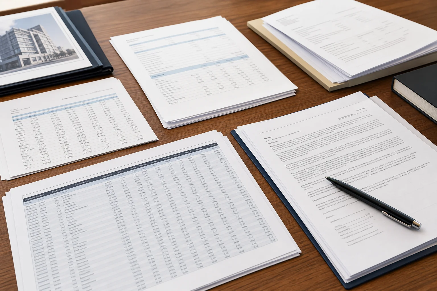 Close-up of rent rolls, operating statements, and lease agreements spread across a conference table during a multi-family due diligence review