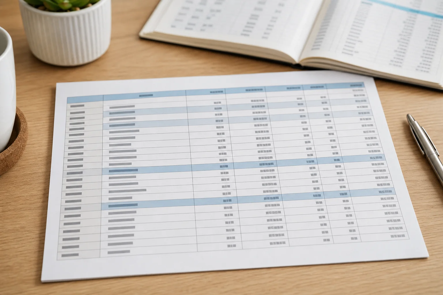 Close-up of a printed chart of accounts spreadsheet showing property account codes organized into income and expense categories, with a second ledger visible in the soft-focus background