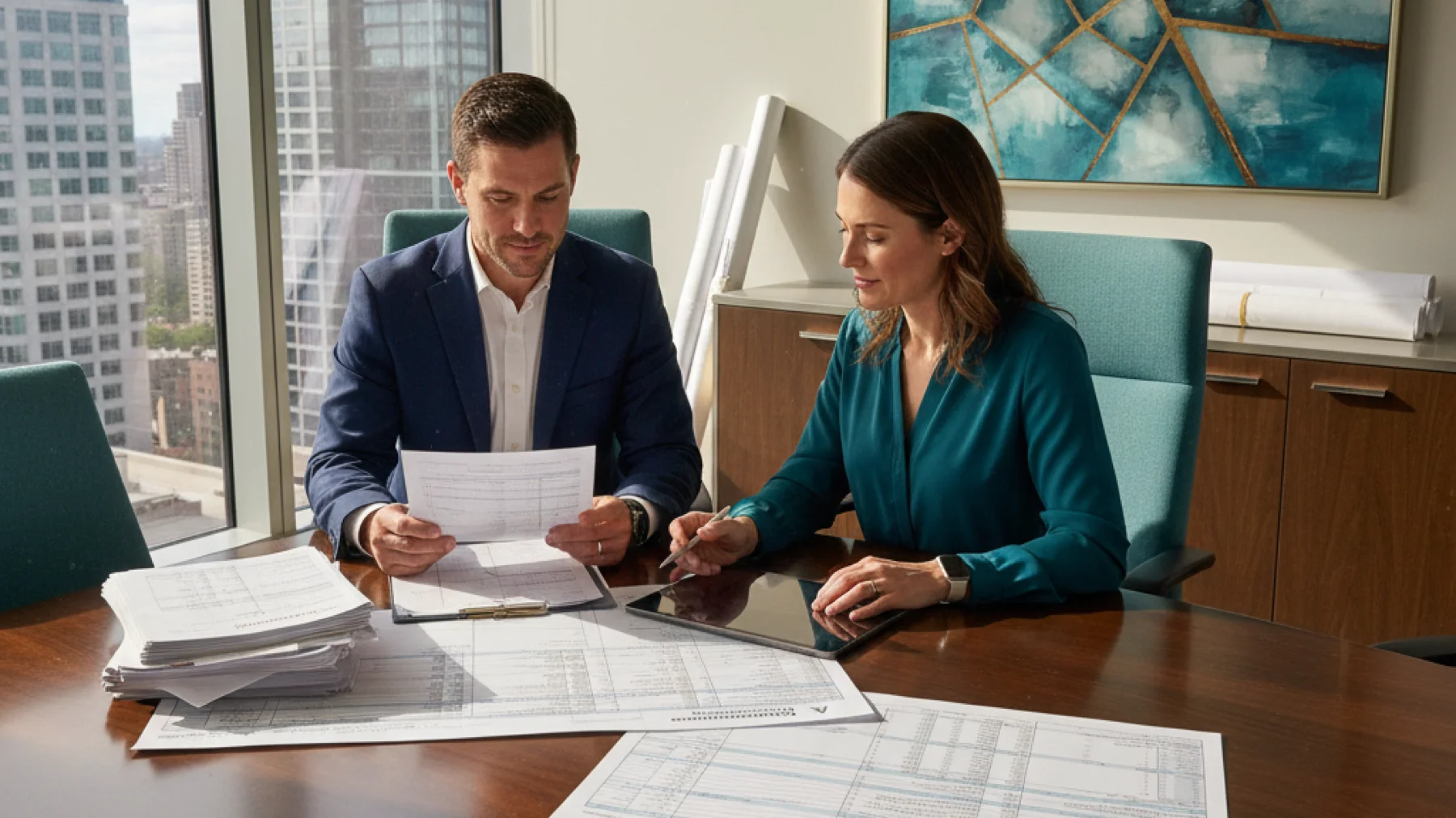 Real estate developer and accountant reviewing AIA billing forms and draw schedule documentation