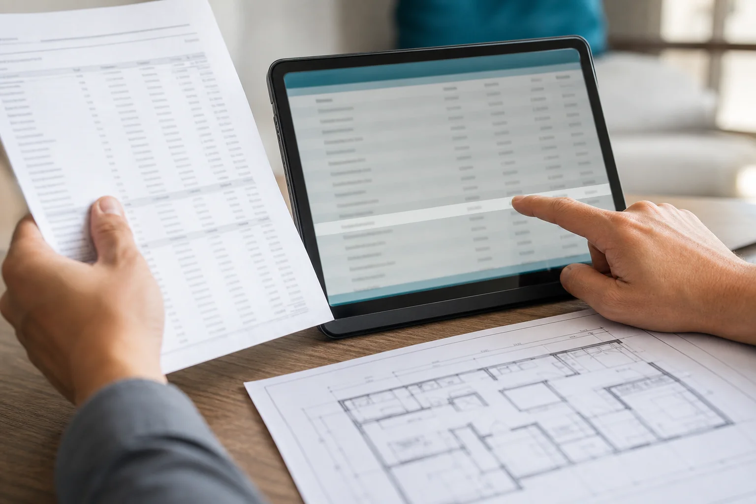 Hands matching a printed bank statement to a digital transaction ledger during the AppFolio bank reconciliation process
