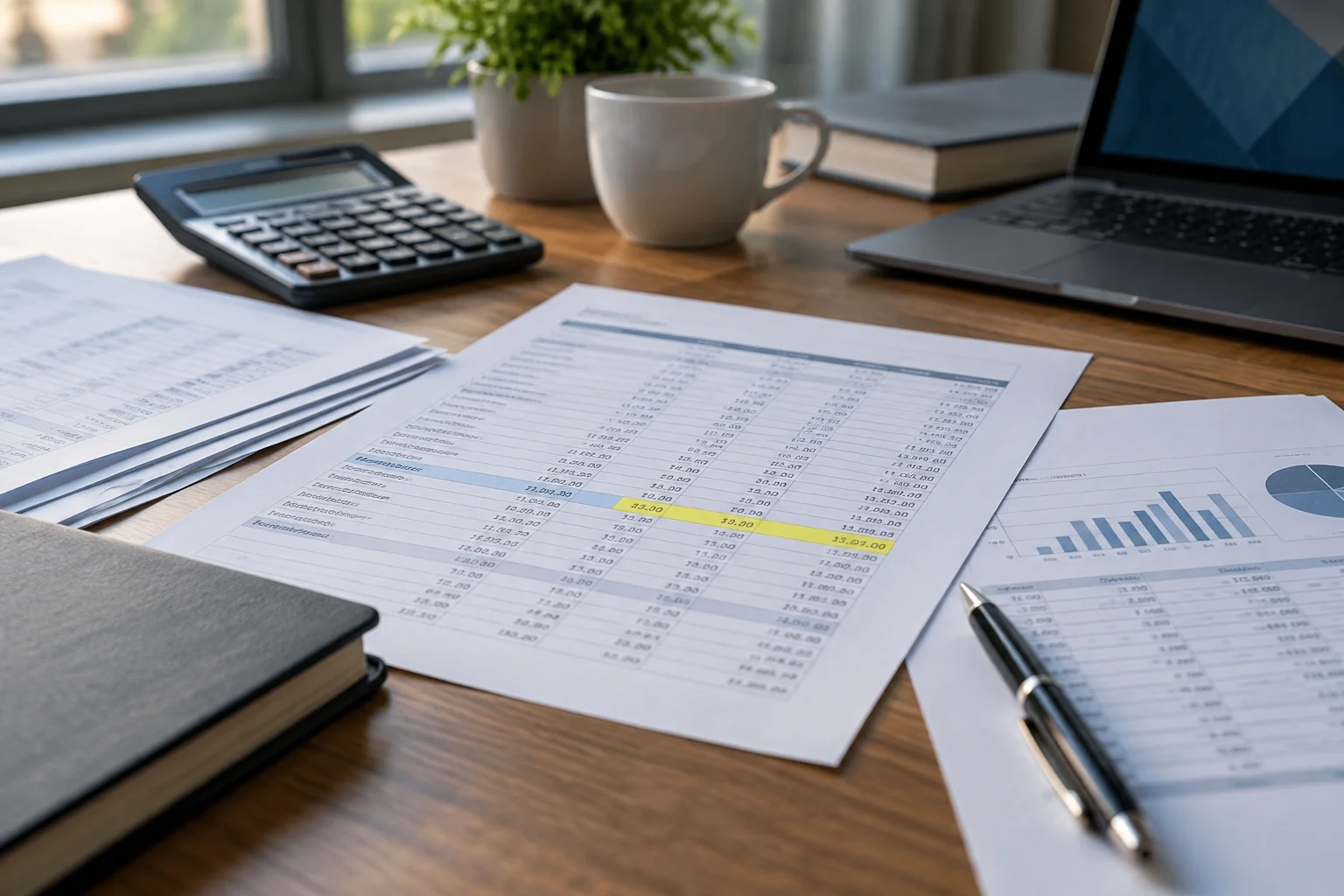 Close-up of a bank reconciliation report and balance sheet spread on a desk during an AppFolio cleanup