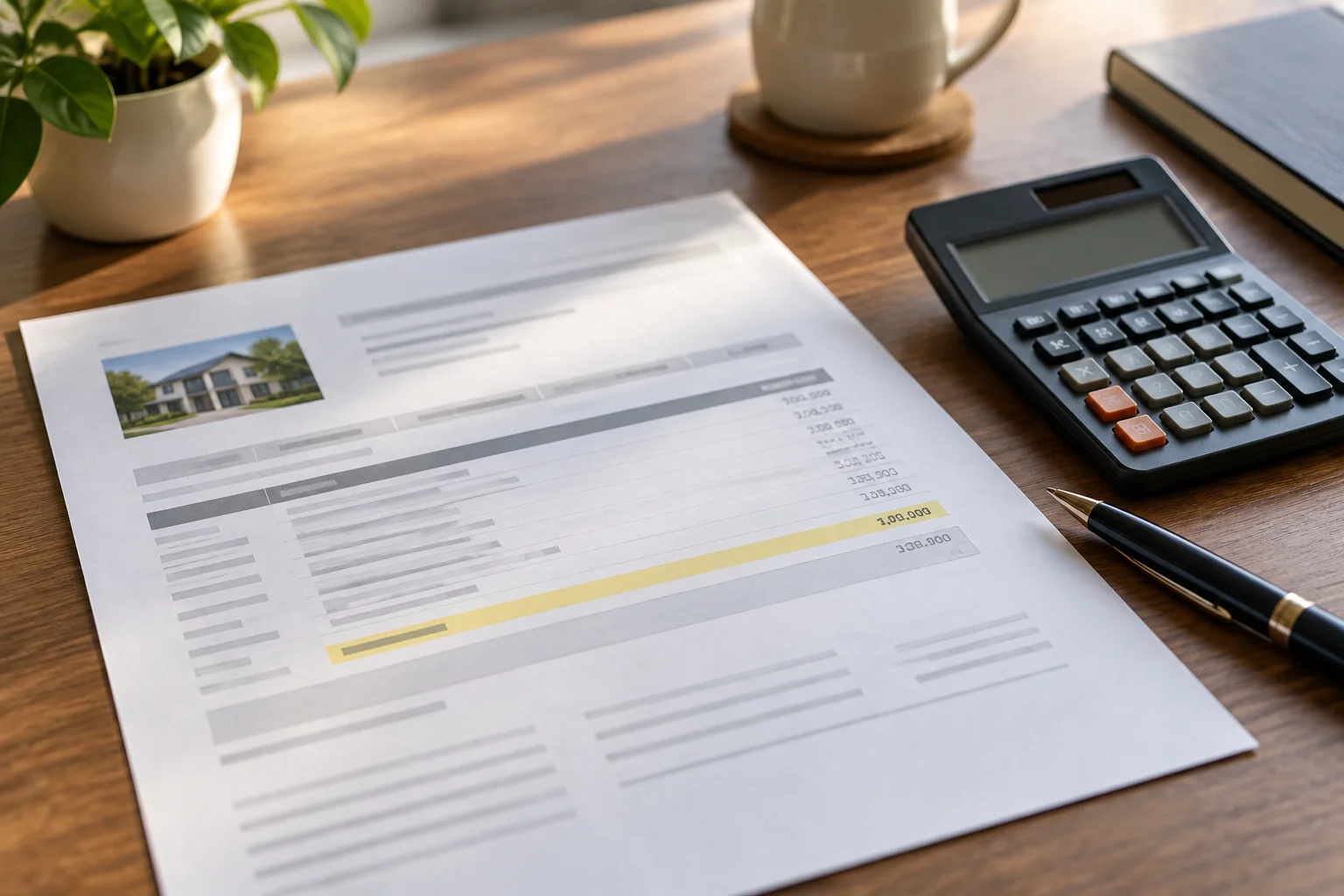 Printed property owner statement with reserve balance line highlighted next to a calculator