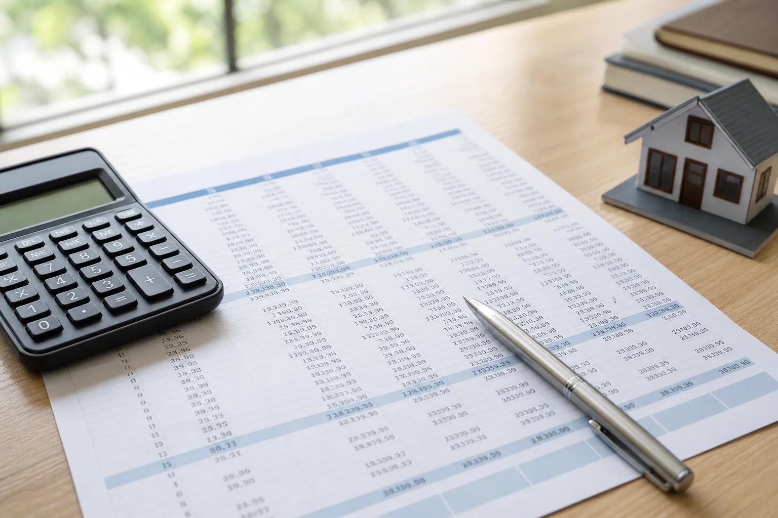 Close-up of a trust account reconciliation ledger and calculator for property management accounting