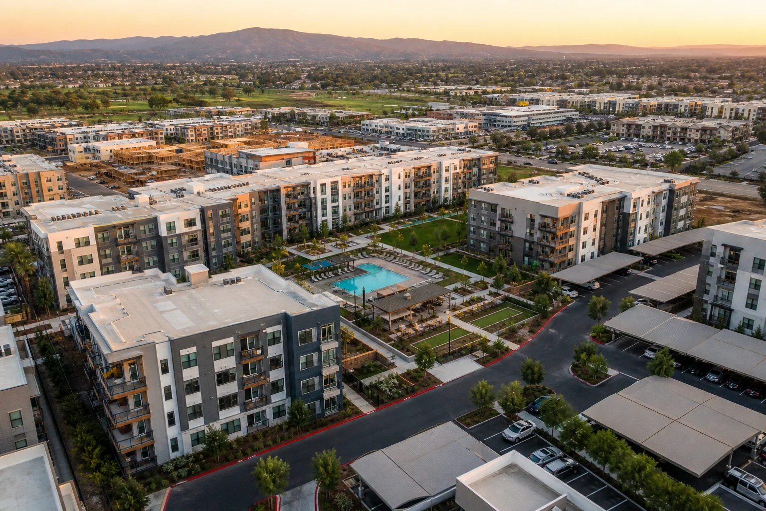 Aerial view of a modern apartment community representing appfolio trust accounting setup for property managers