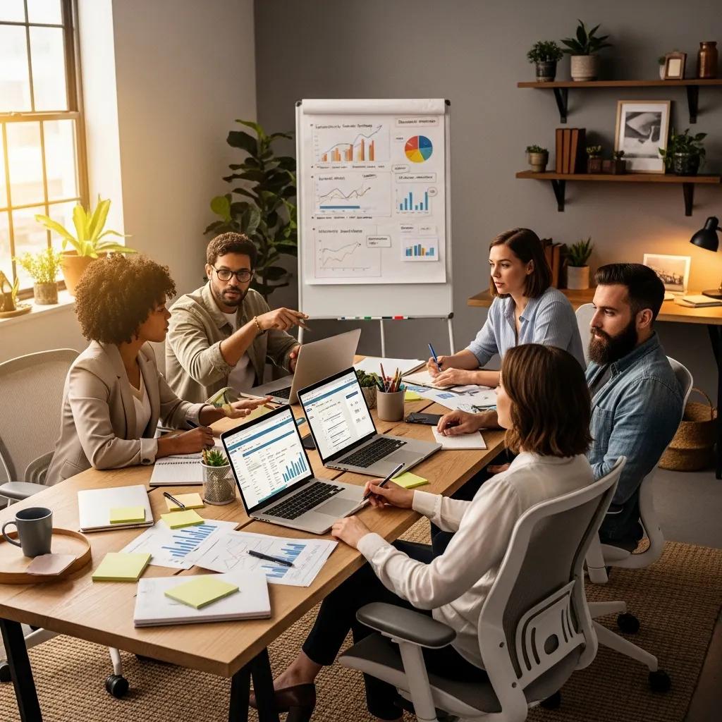 Team discussing property management accounting solutions in a modern office