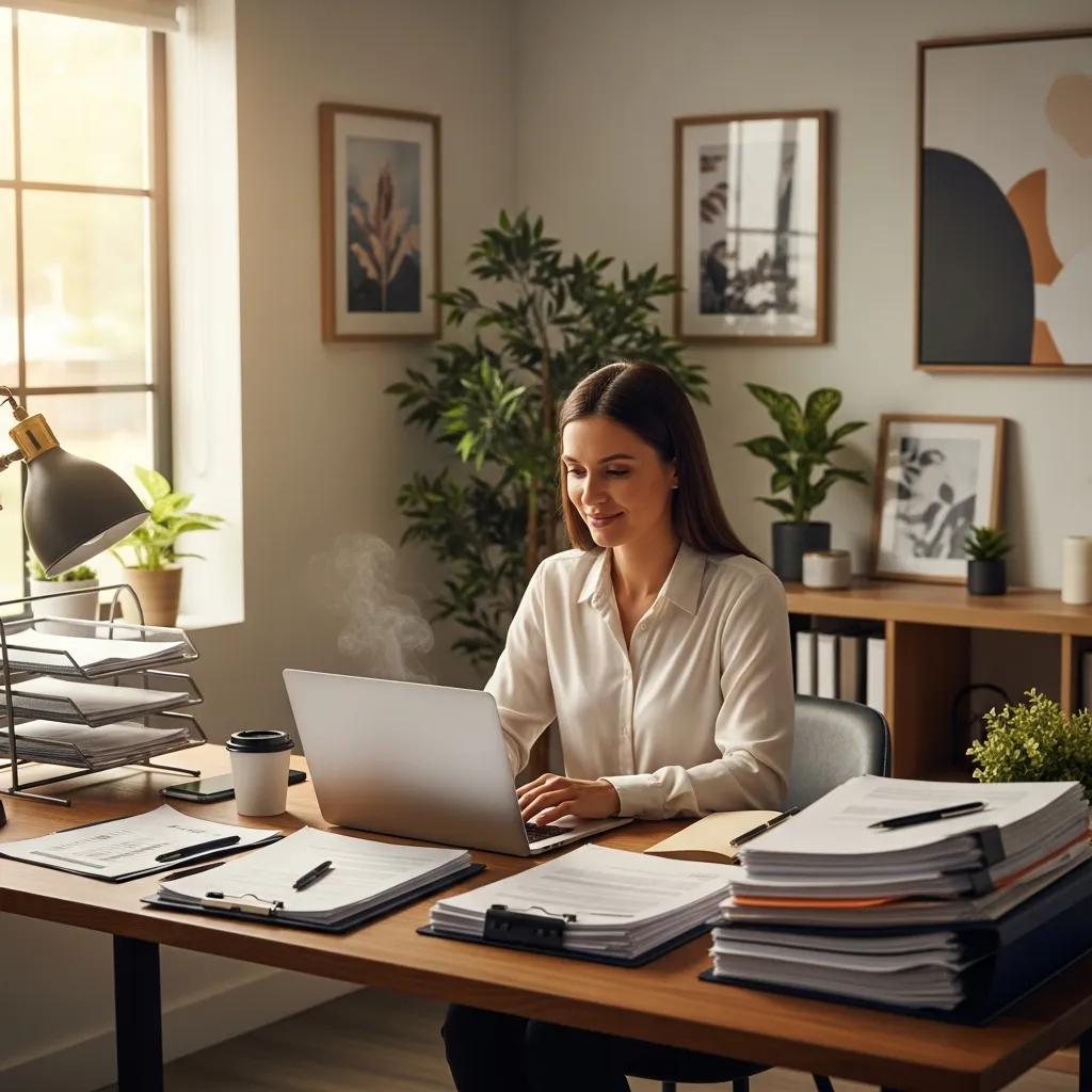 Property manager working on accounting software in a cozy office setting