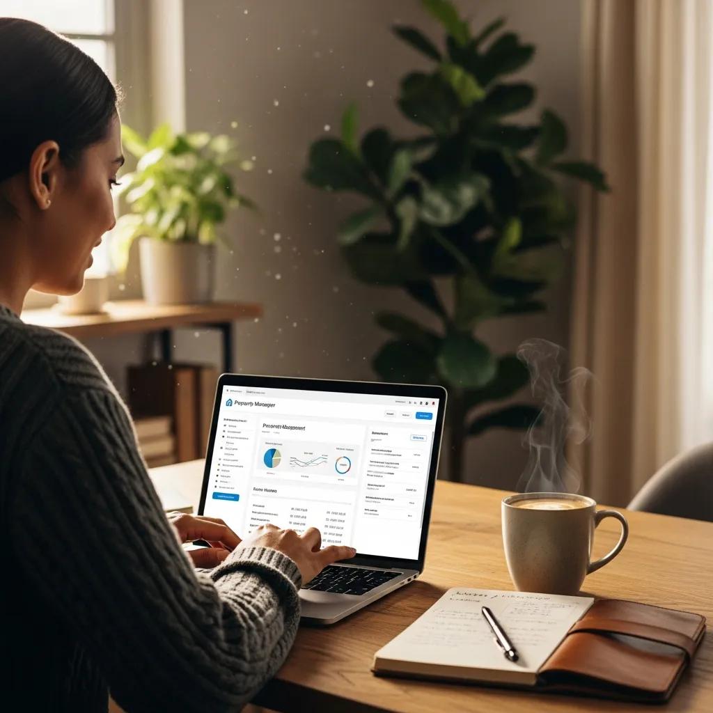 Property manager in a cozy home office with laptop and financial notes