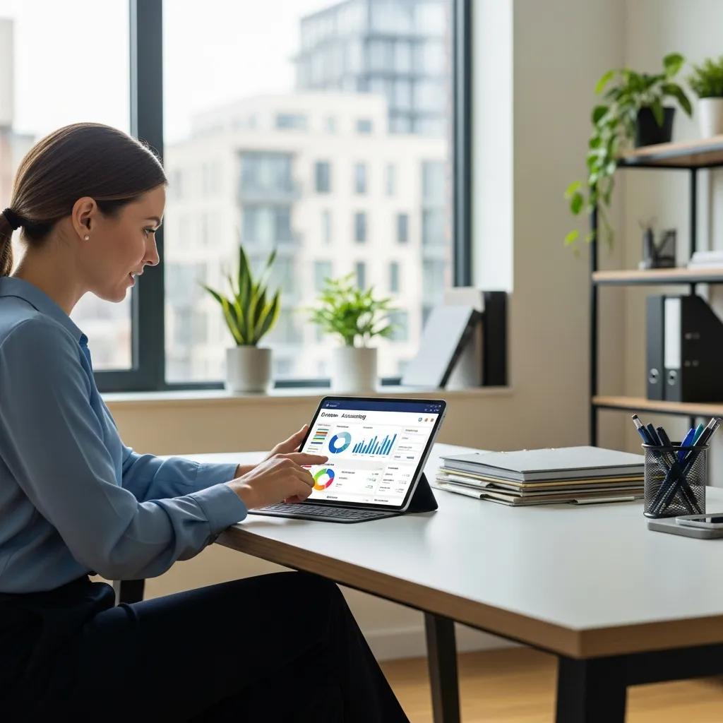 Property manager using a tablet to manage accounts in a modern office