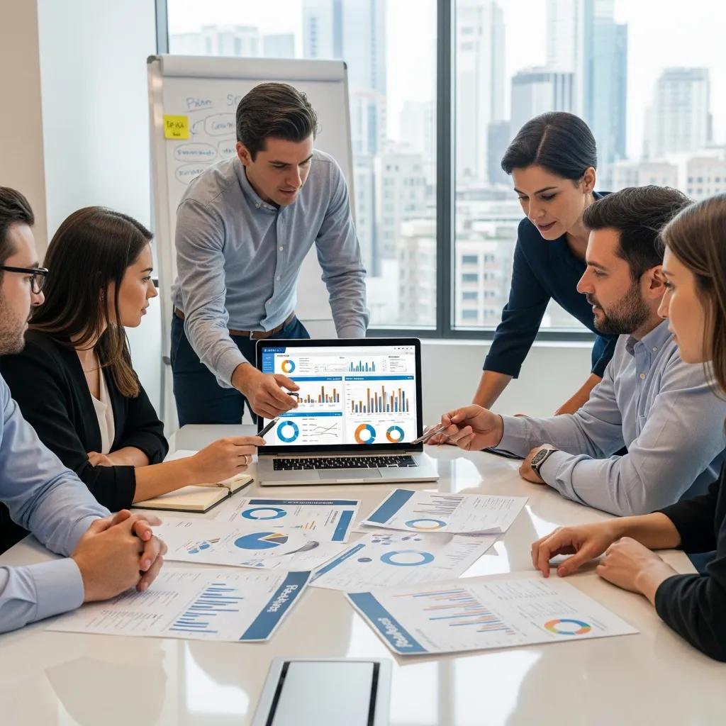 Team of property managers reviewing financial reports in a conference room