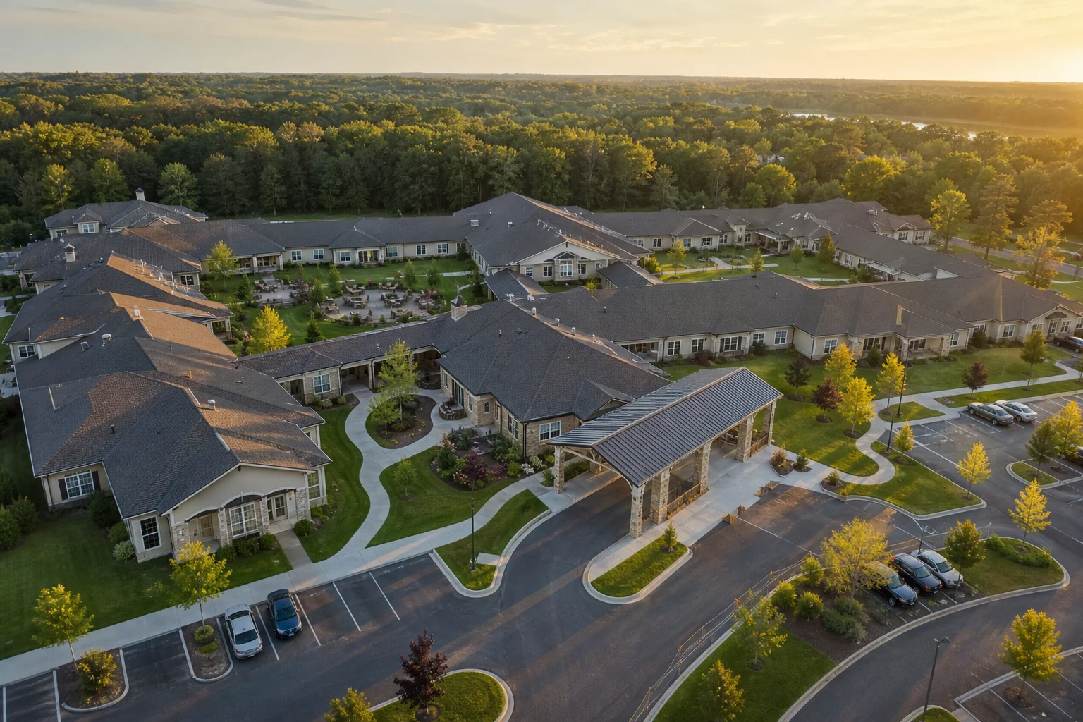 Aerial view of an assisted living community campus showing connected residential buildings and courtyards