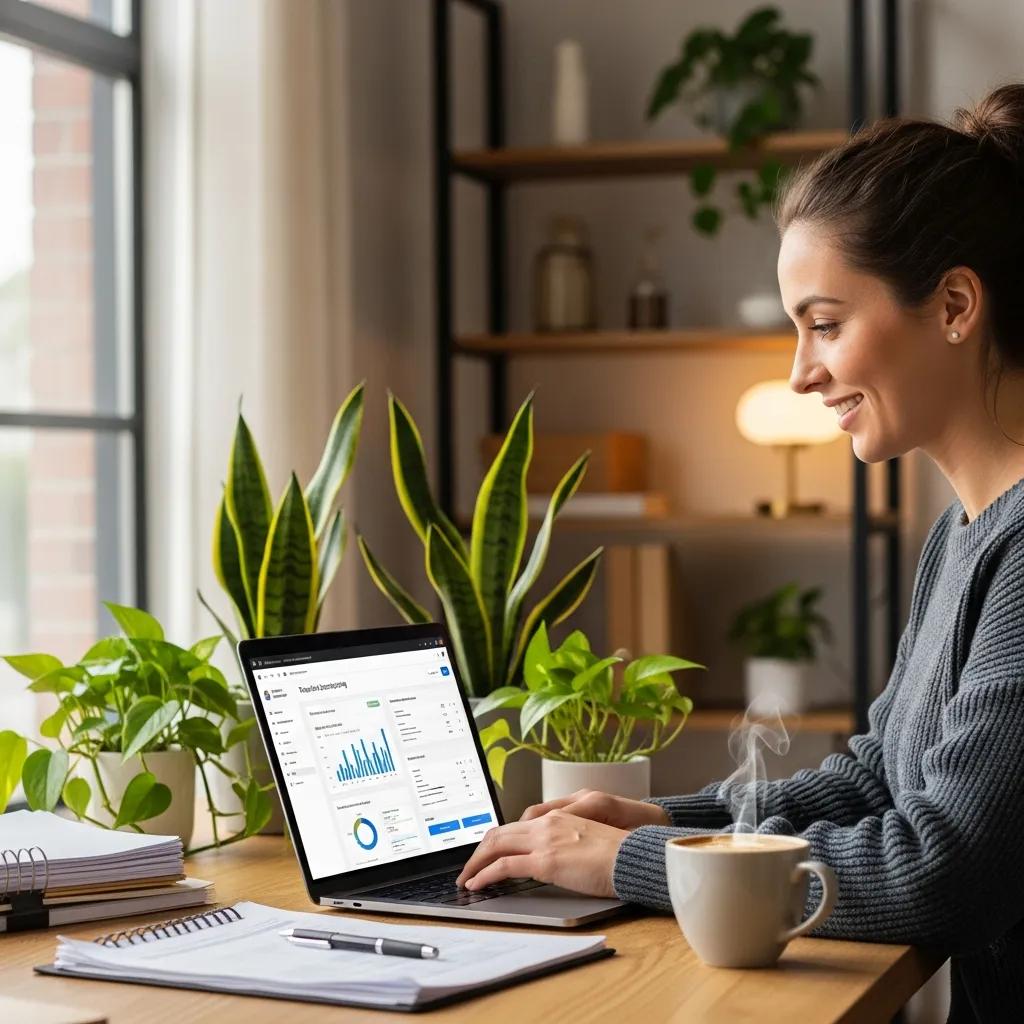 Property manager working on accounting software in a cozy office environment