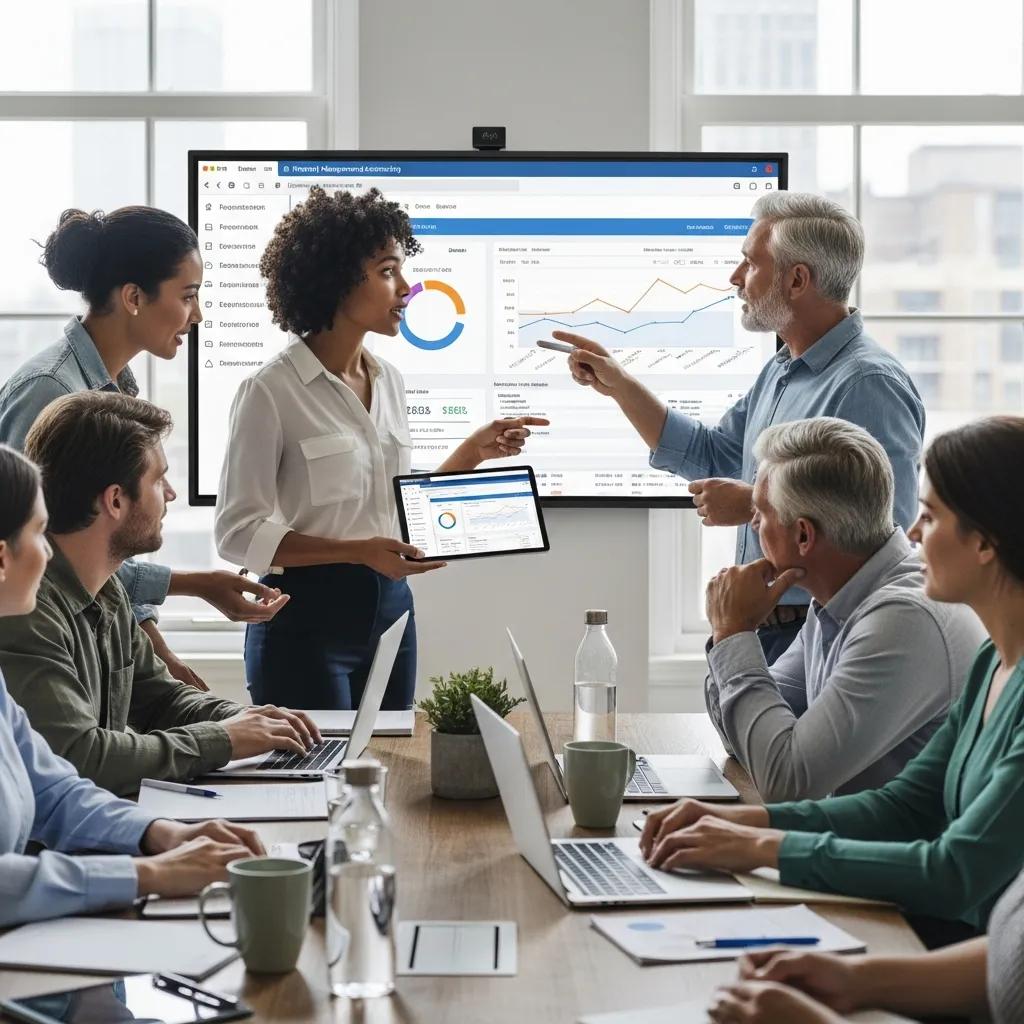 Property managers collaborating on software solutions in a modern workspace