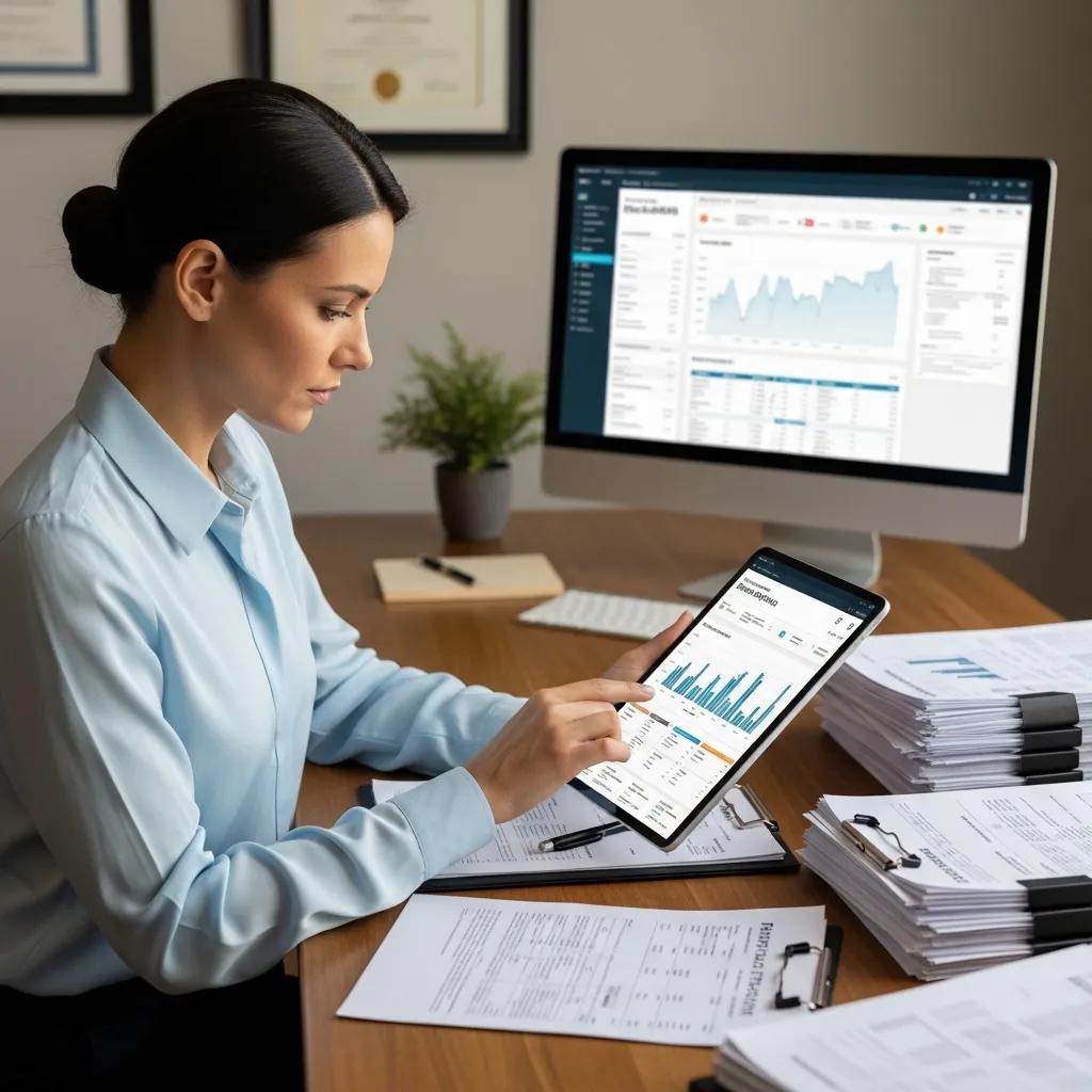 Property manager reviewing financial reports on a tablet at a desk