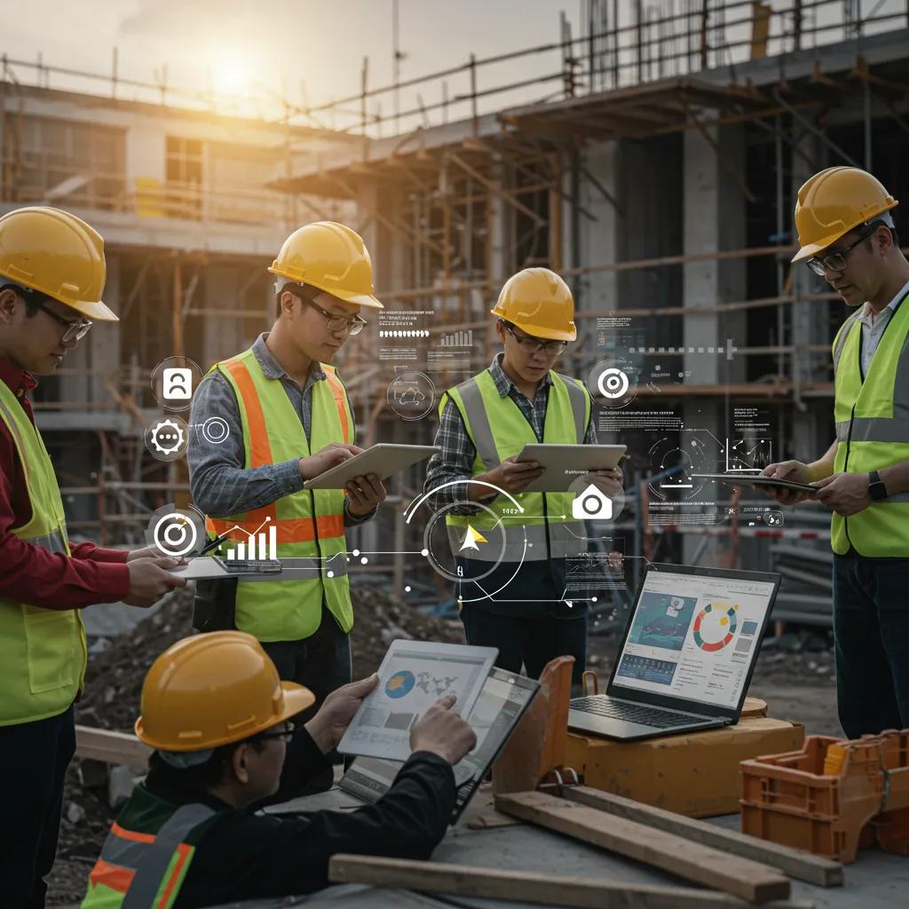 Construction professionals collaborating on payroll management at a bustling job site