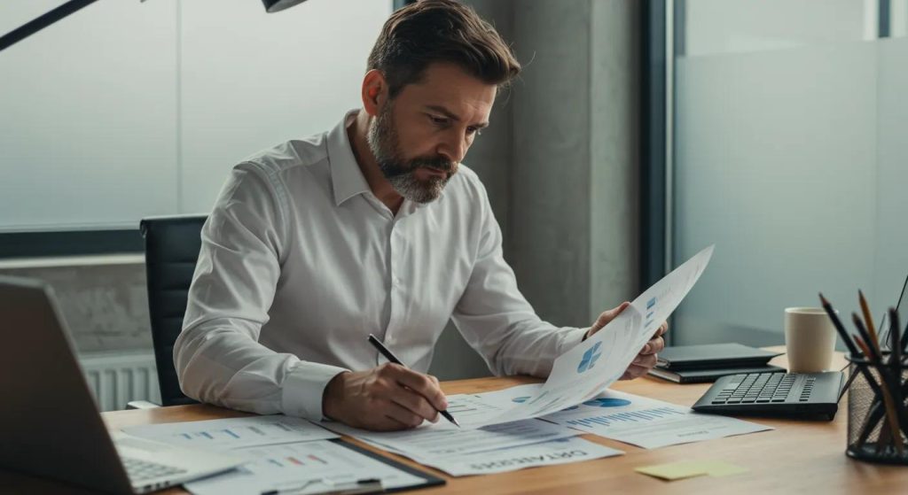 A construction manager meticulously reviewing project reports and payroll data