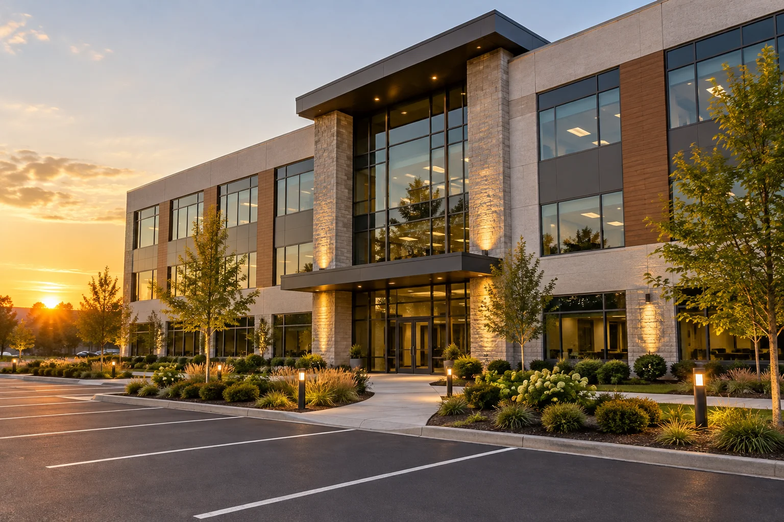 Exterior of a well-maintained mid-rise commercial office building with landscaped common areas and parking lot