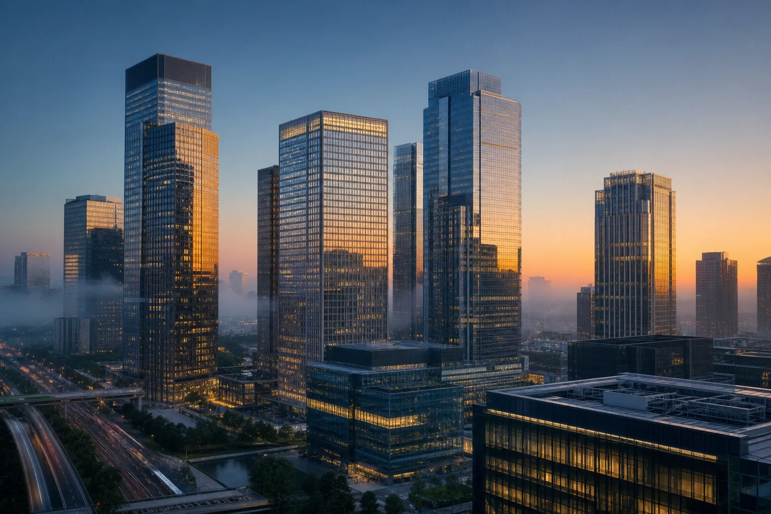 Commercial real estate skyline at dawn featuring modern glass office towers with warm golden light reflecting off the facades, dramatic sky, no people in frame