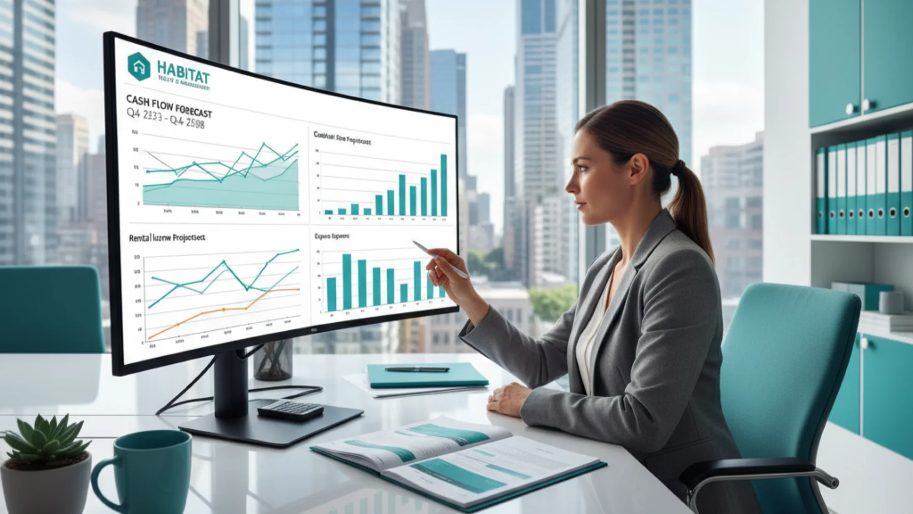 Property manager reviewing cash flow forecasting models on financial dashboard for real estate portfolio