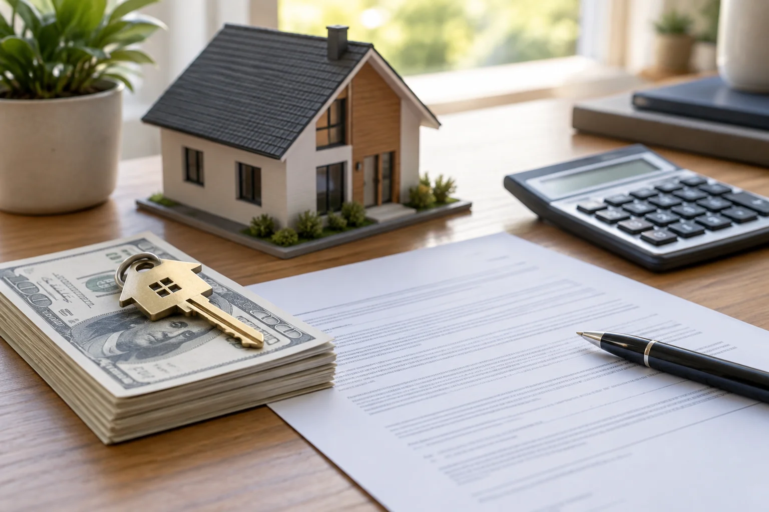 House key and cash beside a closing disclosure representing cash-out refinance rental property taxes and payoff paperwork