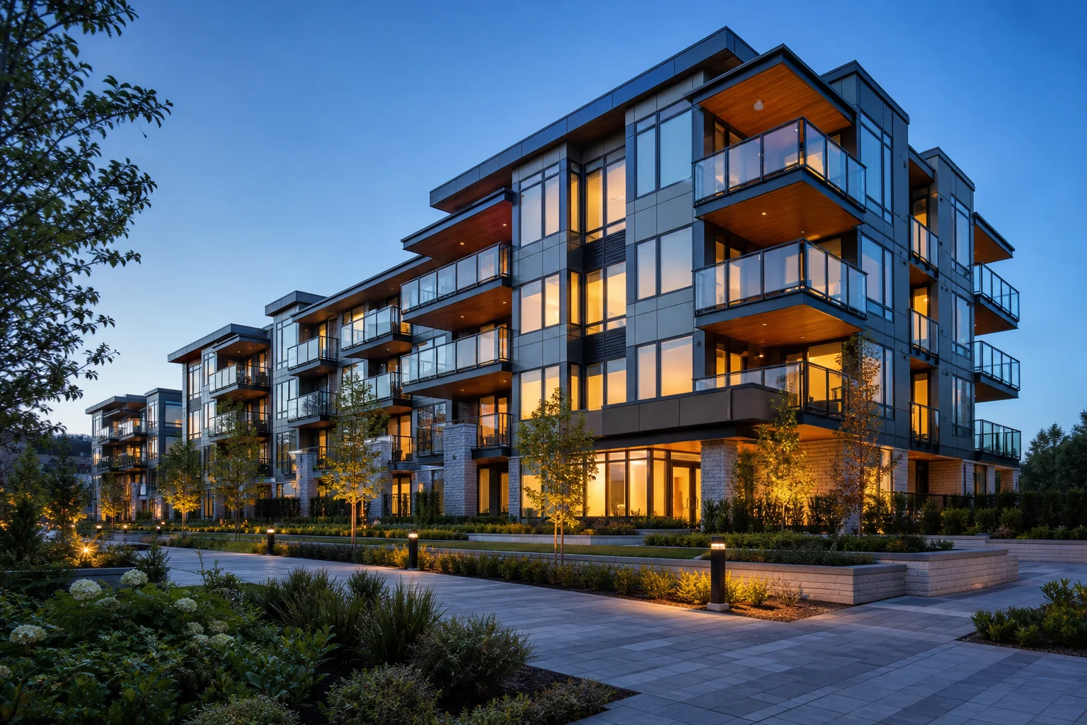 Modern apartment complex exterior at twilight illustrating AI-powered real estate accounting management in 2026