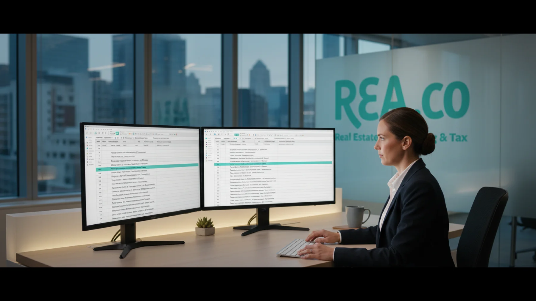 Real estate accountant reviewing a chart of accounts for rental property on dual monitors