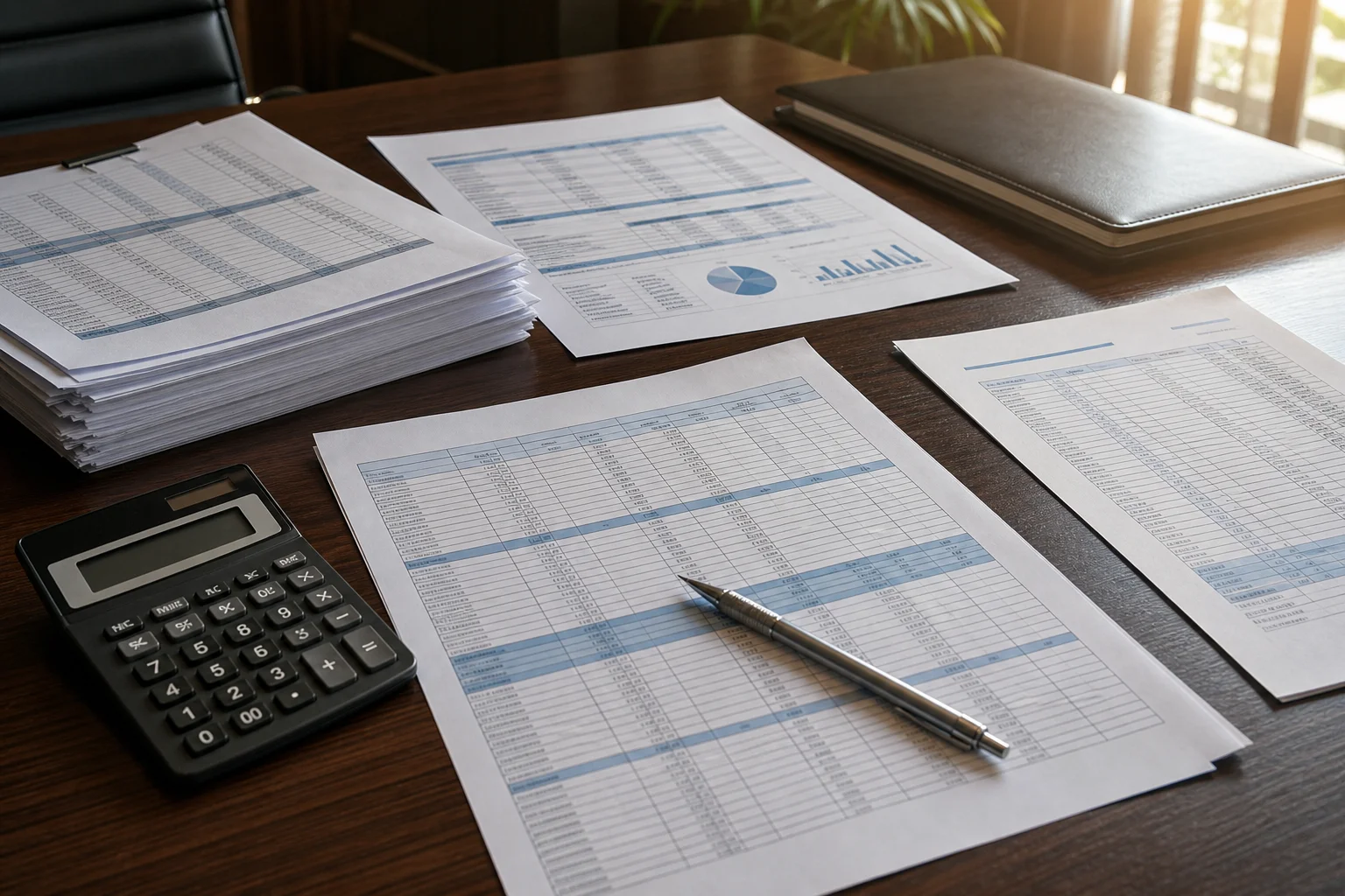 CAM reconciliation worksheets and commercial lease documents spread on a conference table for Atlanta property accounting review