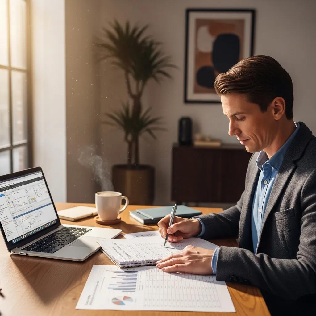 Cozy office scene with accountant reviewing commercial real estate financial documents