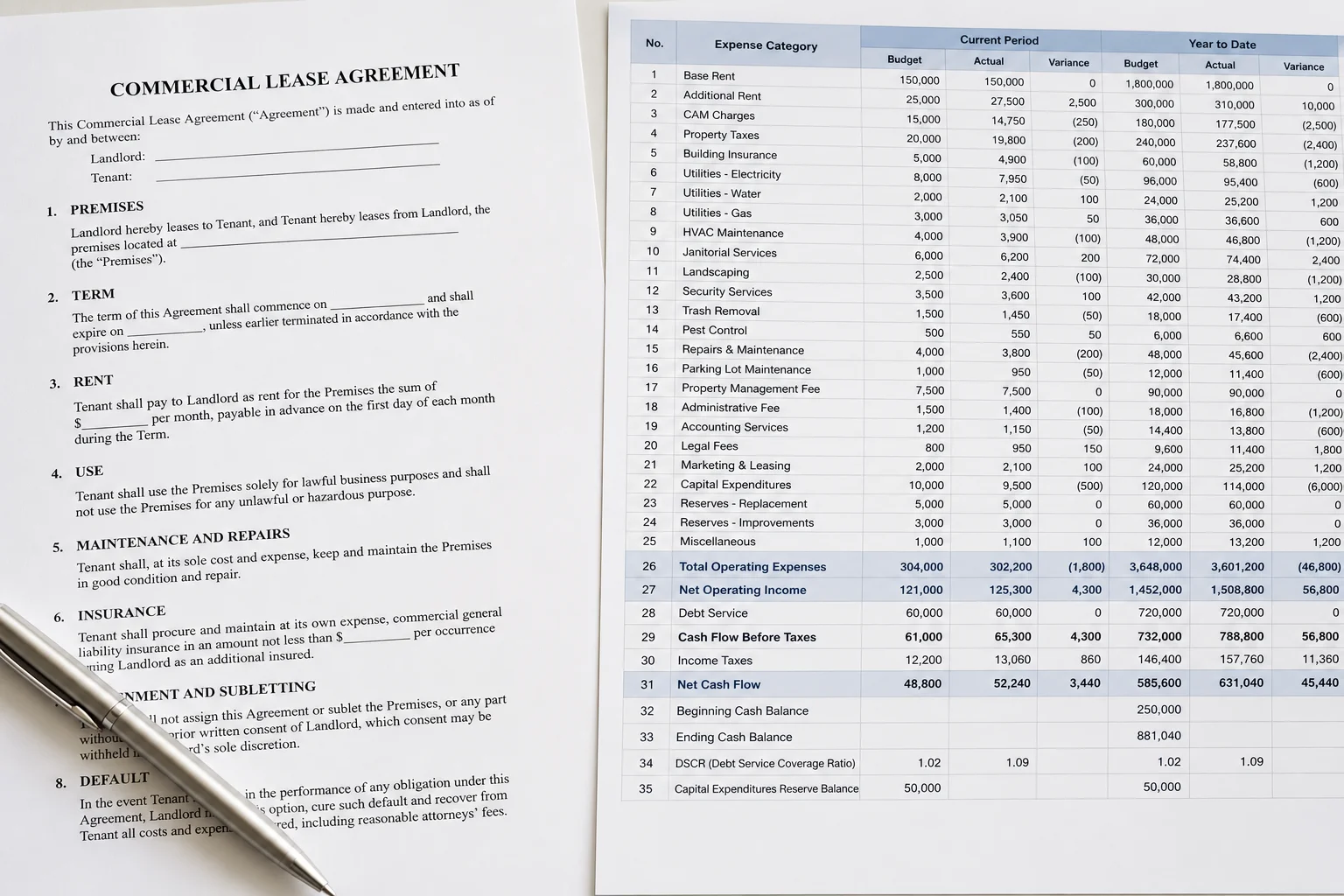 Close-up of commercial lease agreement and detailed financial reconciliation spreadsheet showing line-item expense entries for real estate accounting