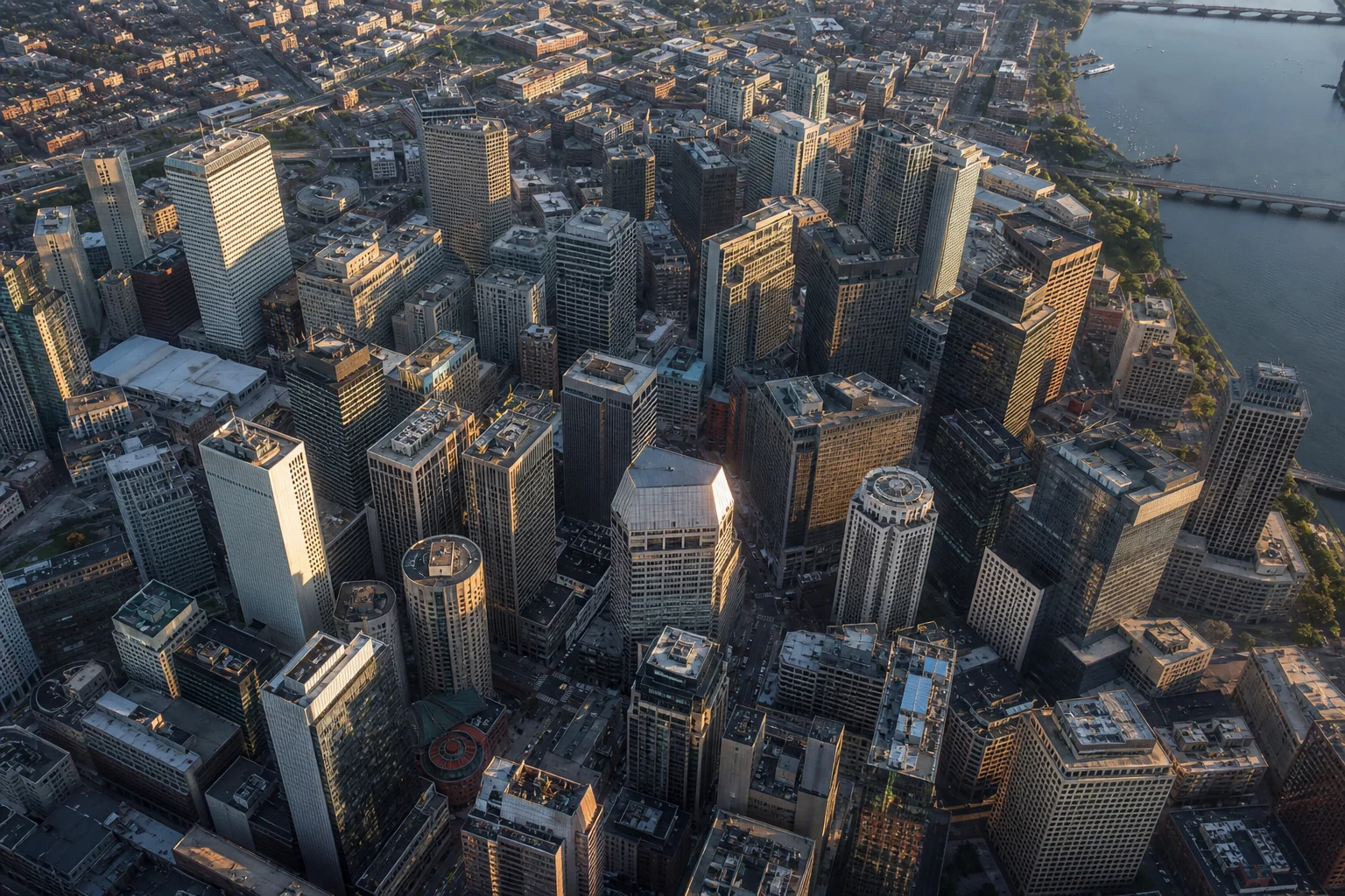 Aerial view of Boston MA commercial real estate district with office towers along the waterfront representing commercial real estate accounting in Boston
