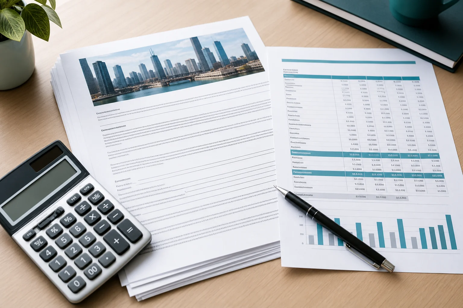 Chicago commercial lease and CAM reconciliation documents on a desk illustrating expense recovery accounting
