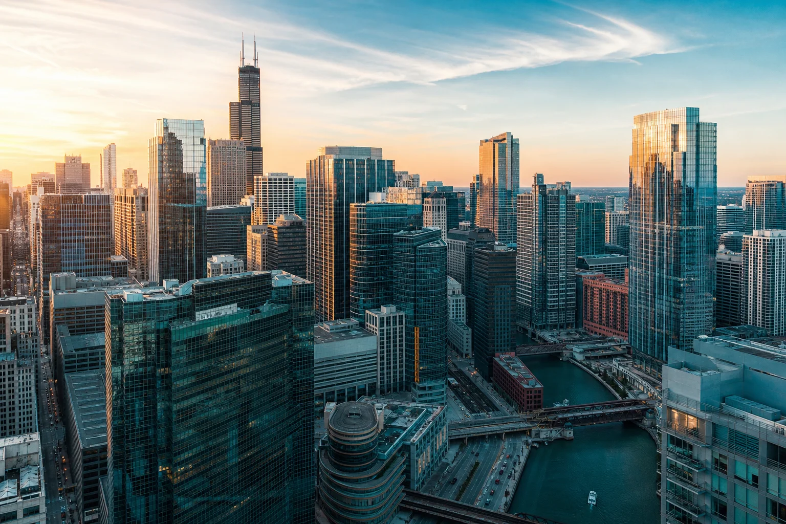 Aerial view of Chicago Loop commercial real estate buildings supporting commercial real estate accounting in Chicago