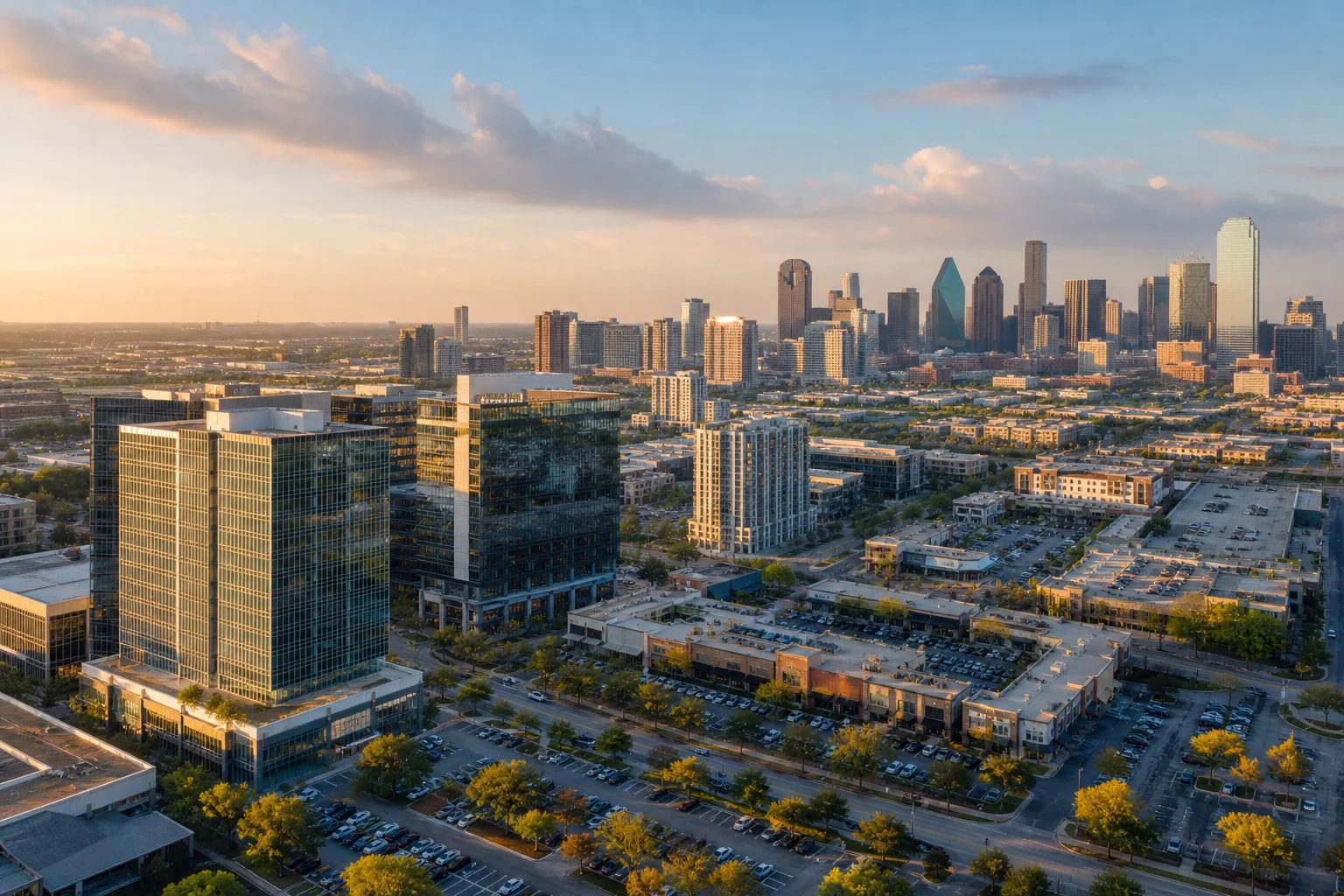 Aerial view of a Dallas commercial office and retail district representing commercial real estate accounting in Dallas