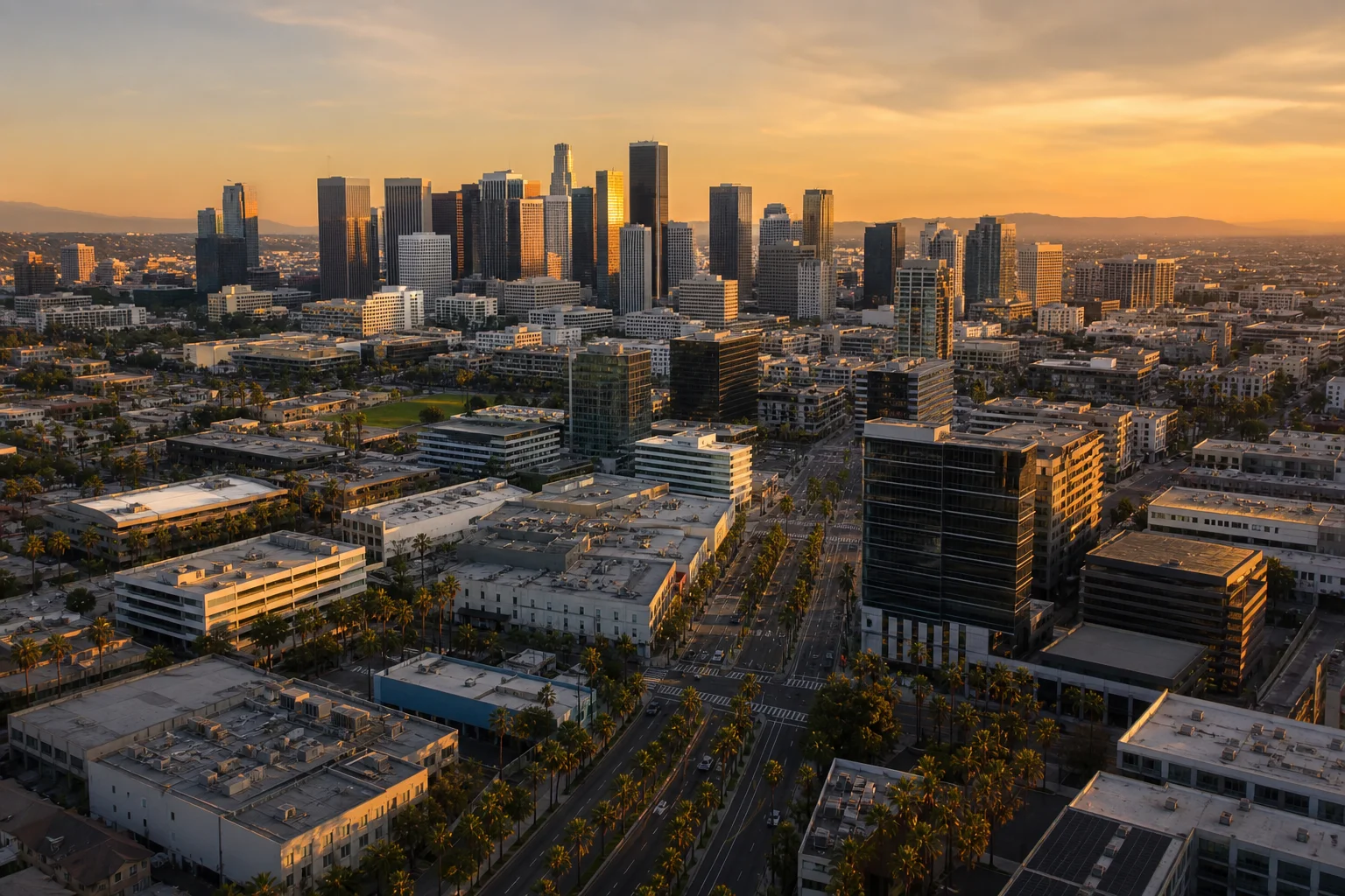 Aerial view of the Los Angeles commercial real estate skyline representing commercial real estate accounting in Los Angeles