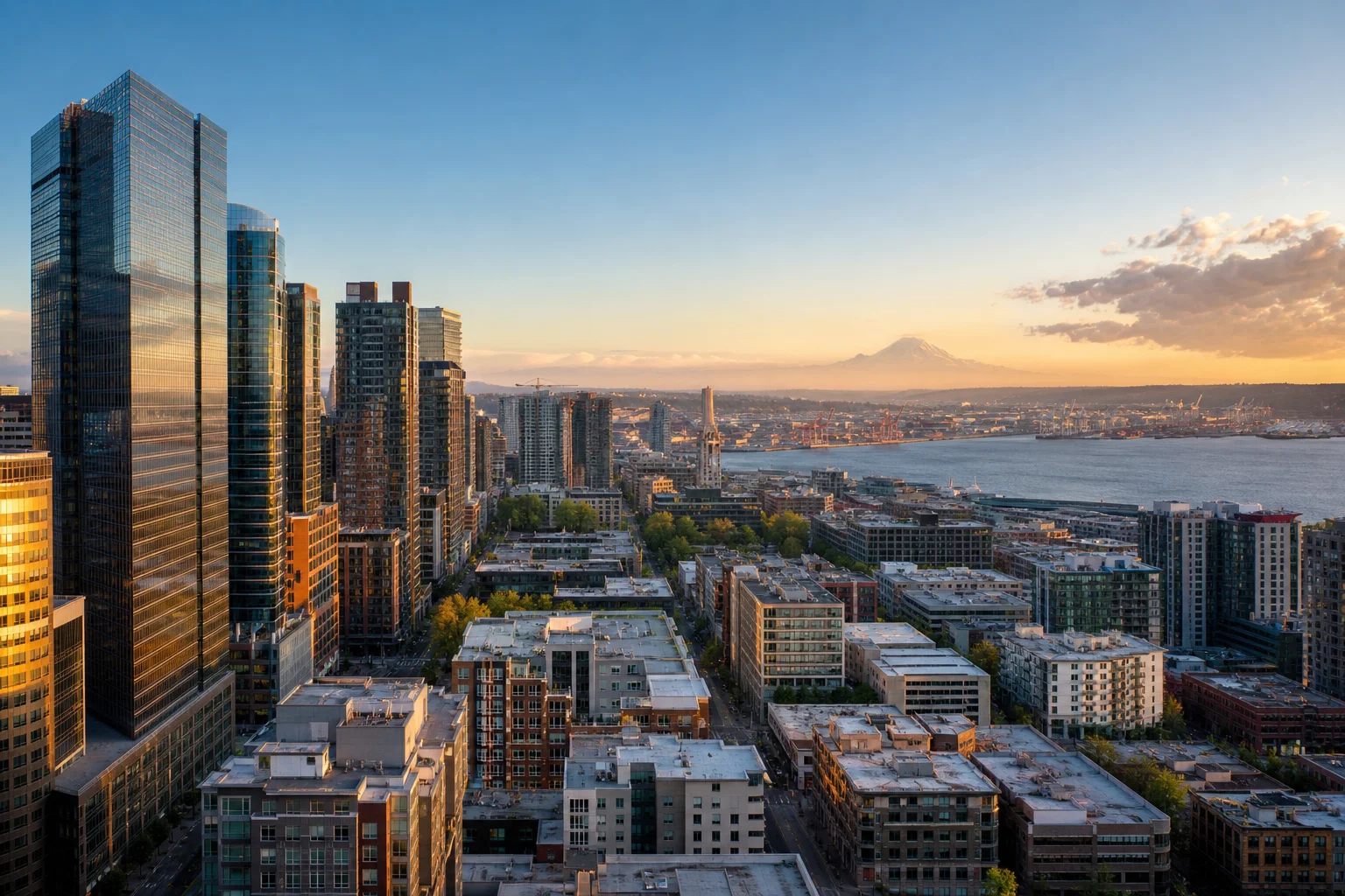 Aerial view of downtown Seattle commercial office towers representing commercial real estate accounting in Seattle