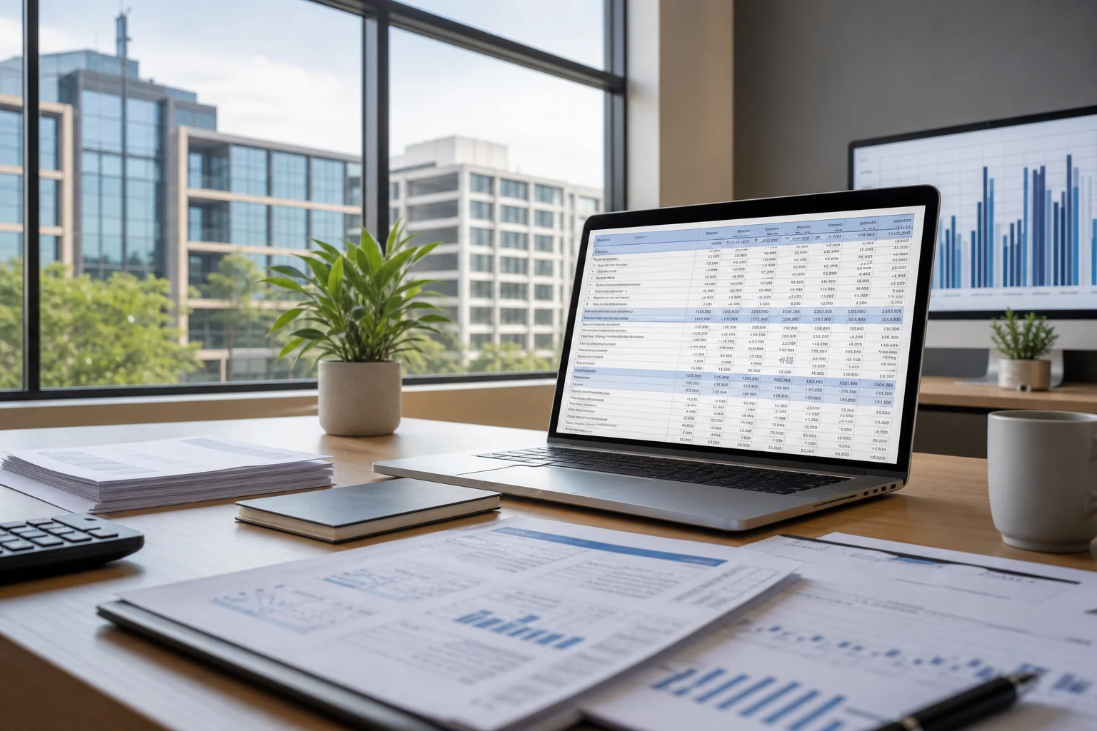 Accountant reviewing real estate project financial reports on dual monitors in a professional office