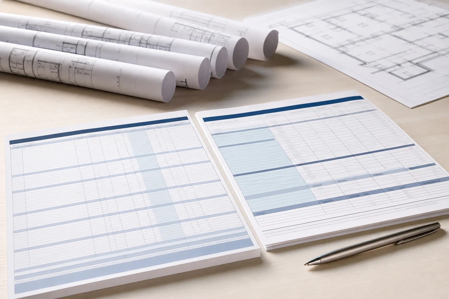 Construction draw accounting documentation including a loan draw schedule and schedule of values spread on a desk with architectural blueprints