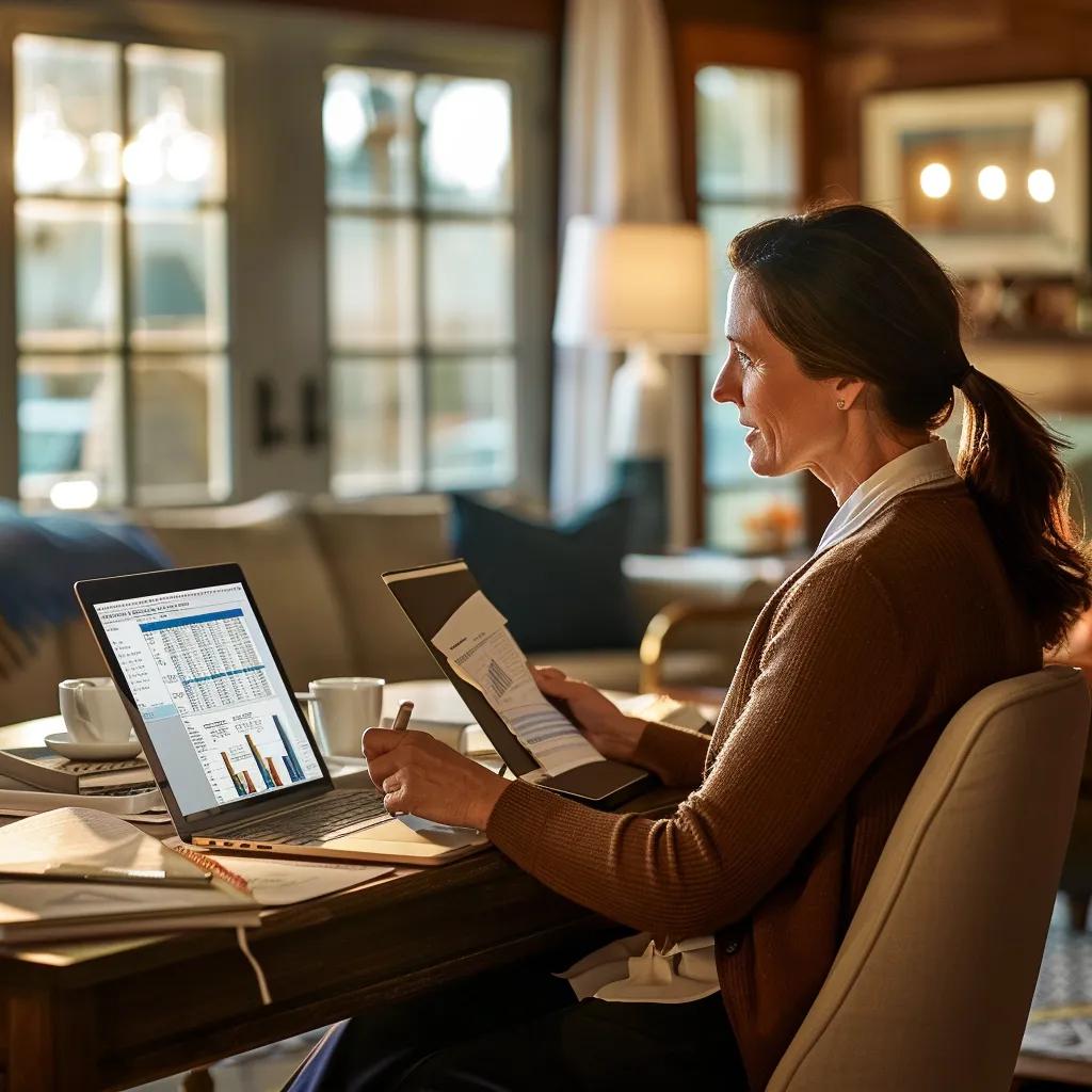 Property manager working on Appfolio bookkeeping in a cozy office setting