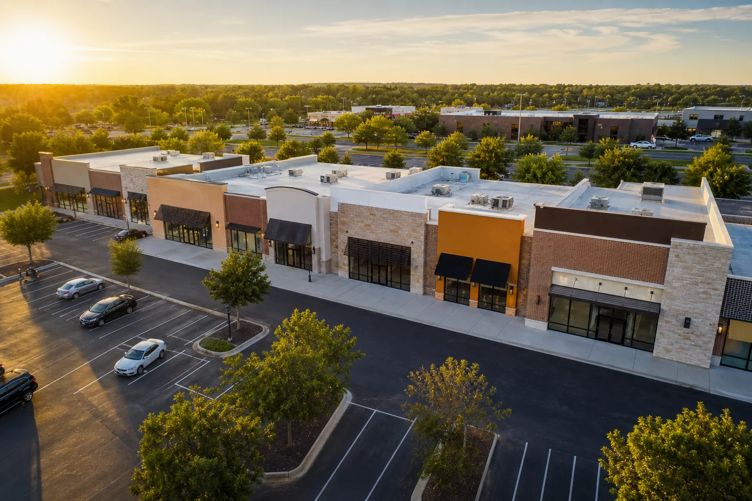 Aerial view of a commercial retail plaza symbolizing critical date tracking from lease abstraction across a multi-tenant real estate portfolio