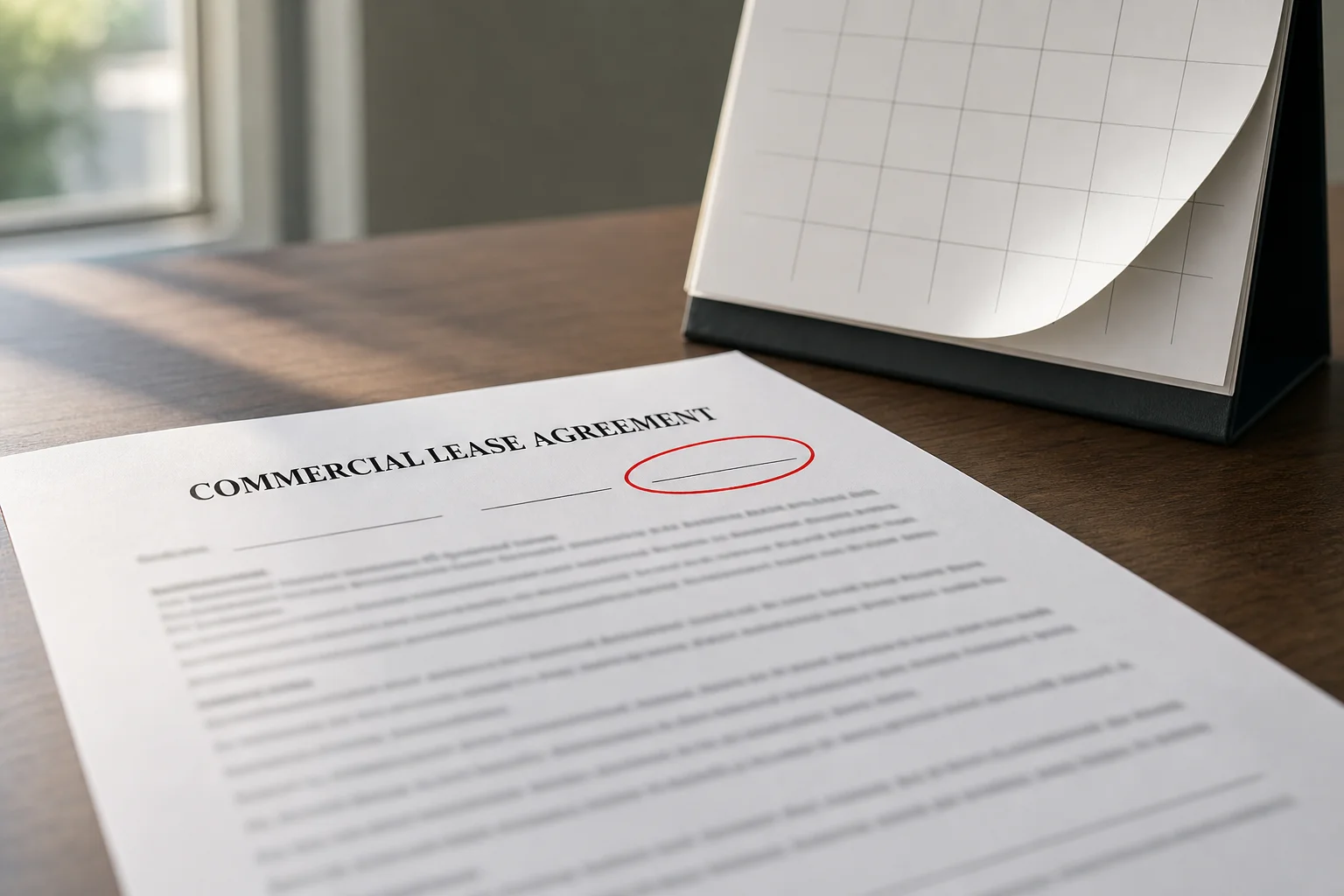 Close-up of a lease document with a renewal date circled next to a calendar tracking critical dates