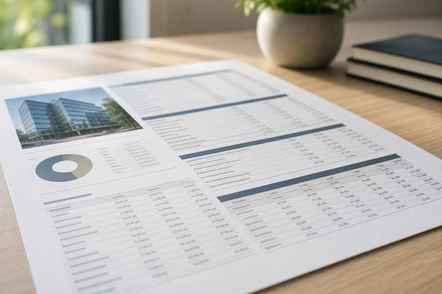 Close-up of a commercial real estate financial statement on a desk showing net operating income, operating expenses, and annual loan payments used in a DSCR calculation