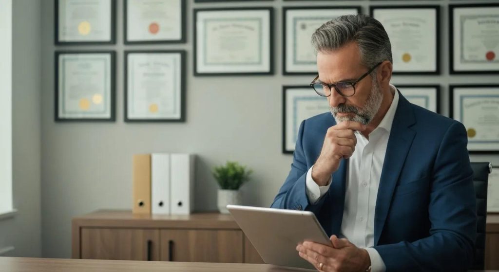 A real estate investor thoughtfully reviewing tax savings strategies on a tablet in a sleek, modern office setting