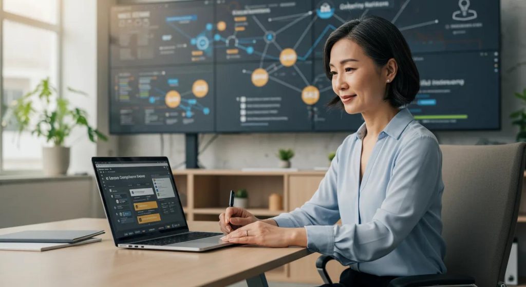 Property manager using lease compliance software with workflow diagrams in the background