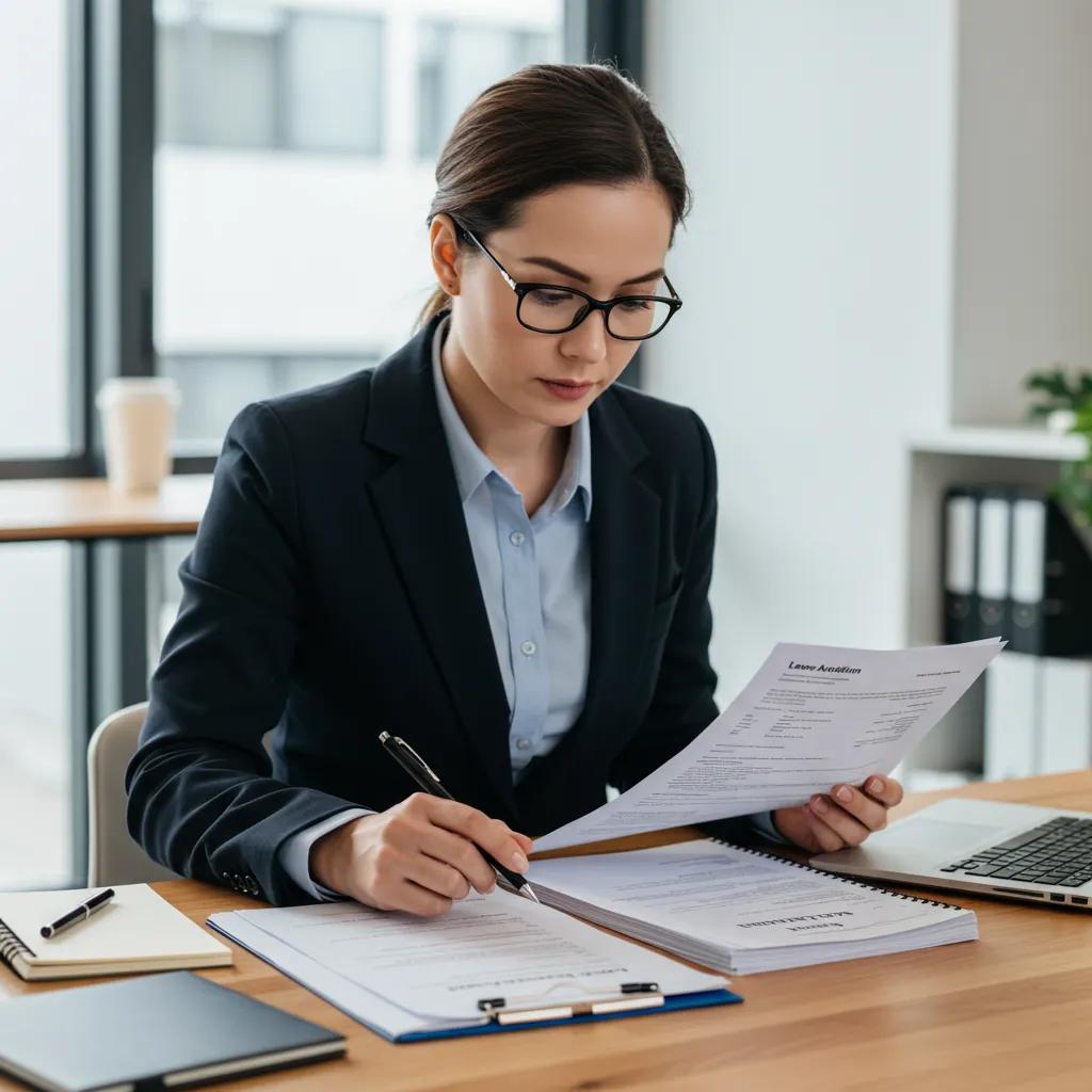 Lease auditor reviewing documents in a modern office setting