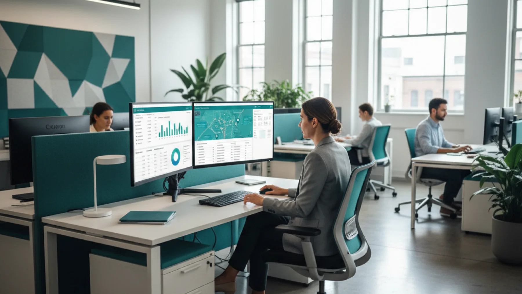 Property manager comparing Entrata versus AppFolio accounting features on dual monitor setup