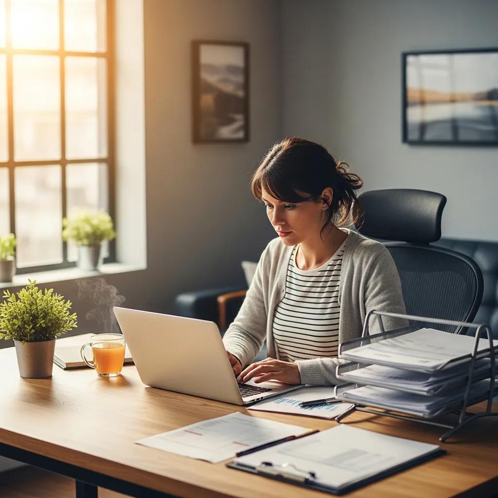 Professional bookkeeper managing real estate finances in a cozy office setting